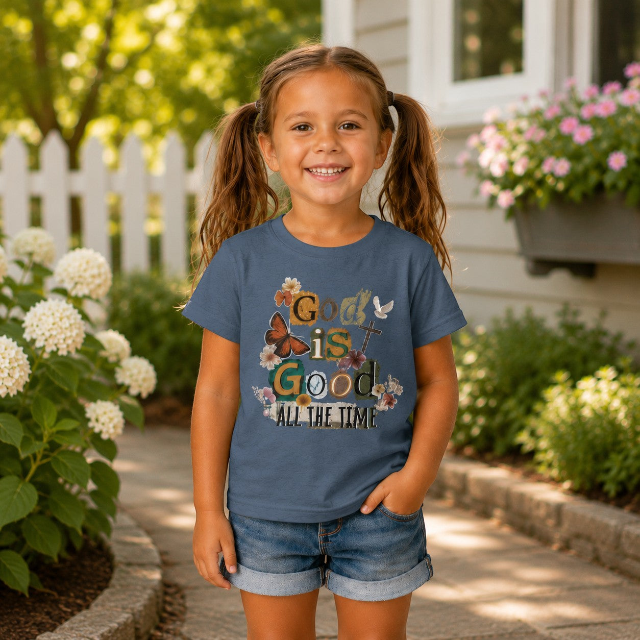 Girl wearing a dusty blue Tea Shirt Shoppe Wholesale cotton graphic tee with butterfly and floral faith design.