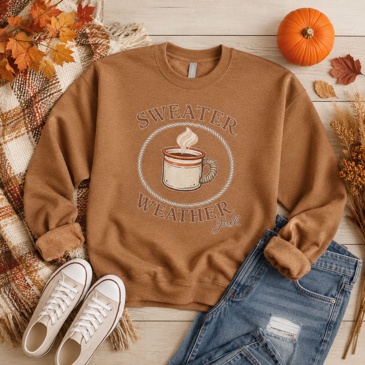 Tea Shirt Shoppe Wholesale golden pecan Jerzees sweatshirt with Sweater Weather Ya'll coffee mug graphic print