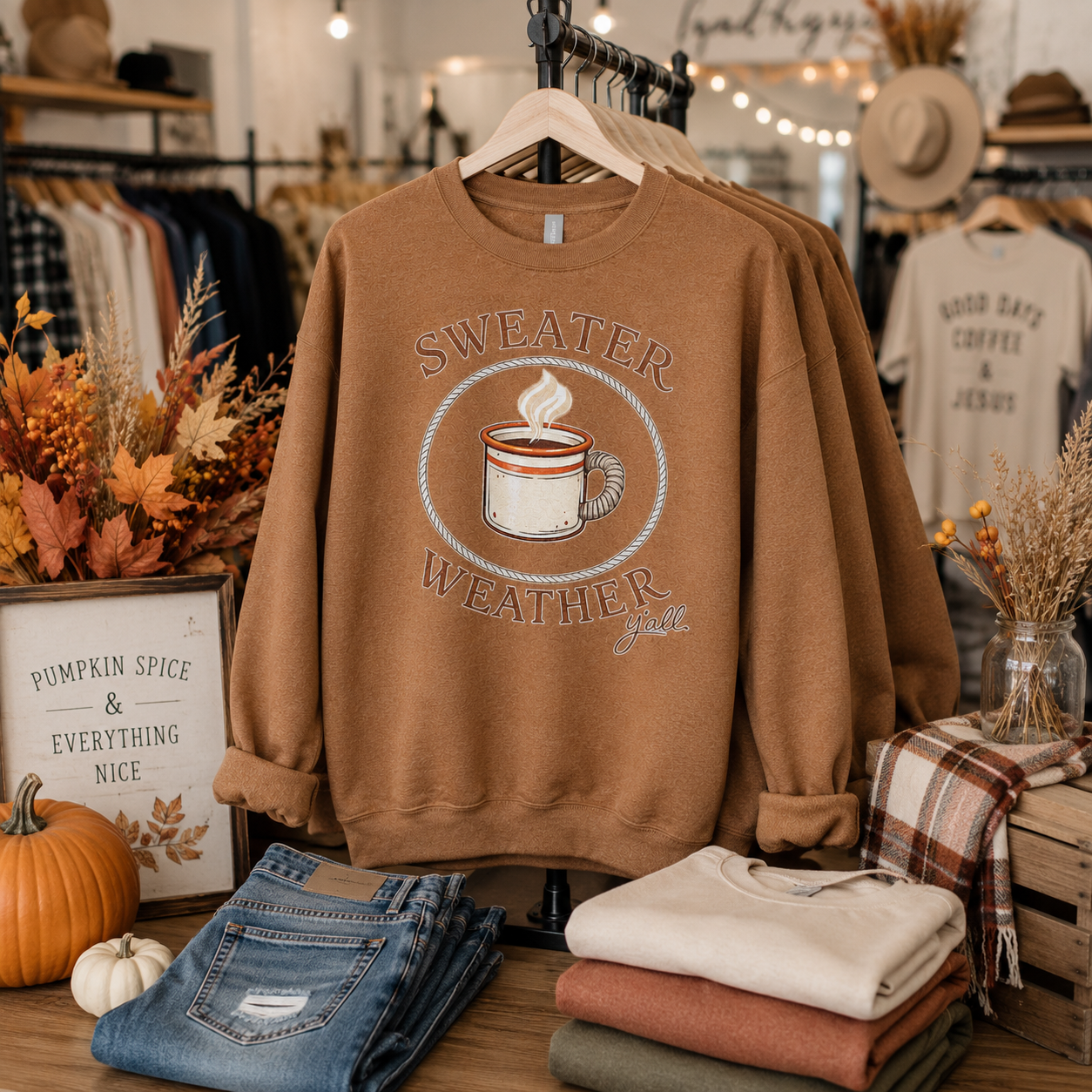 Tea Shirt Shoppe Wholesale golden pecan Jerzees crewneck sweatshirt with Sweater Weather Y'all coffee mug graphic