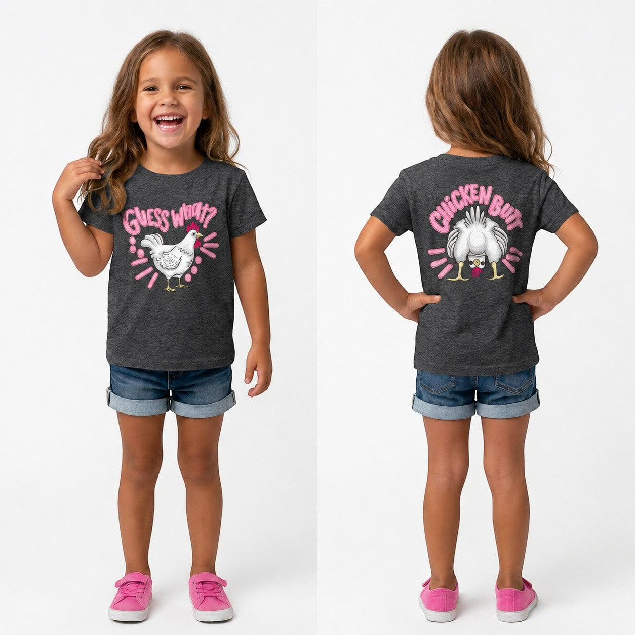 Tea Shirt Shoppe Wholesale toddler and youth graphic tee in granite heather, 100% cotton, with a chicken graphic and text.