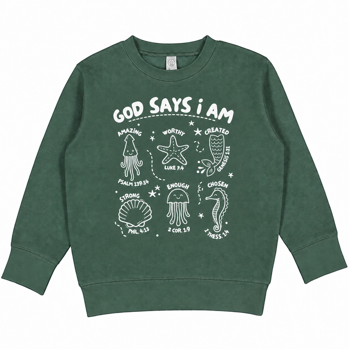 Tea Shirt Shoppe Wholesale green toddler sweatshirt with white ocean creature illustrations and faith-based text.