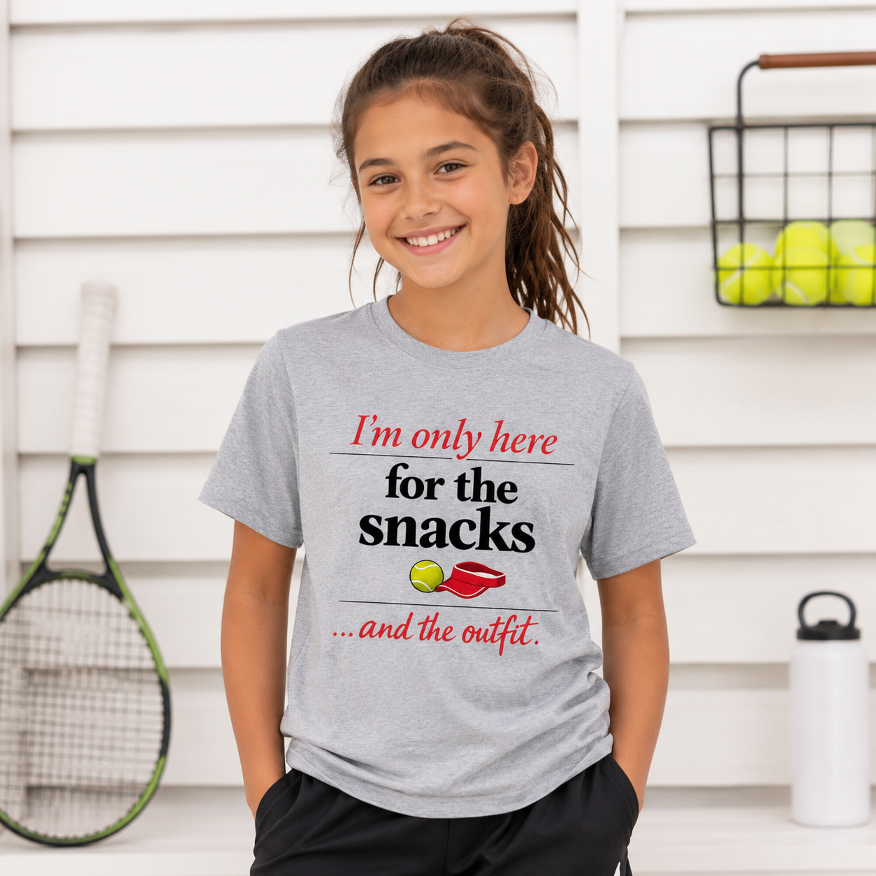 Tea Shirt Shoppe Wholesale grey graphic tee with tennis snacks slogan worn by a smiling girl on a tennis court