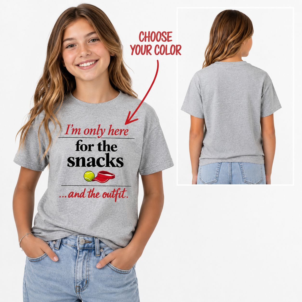 Tea Shirt Shoppe Wholesale grey graphic tee with tennis snacks slogan worn by a smiling girl, front and back view.