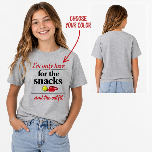 Tea Shirt Shoppe Wholesale grey graphic tee with tennis snacks slogan worn by a smiling girl, front and back view.