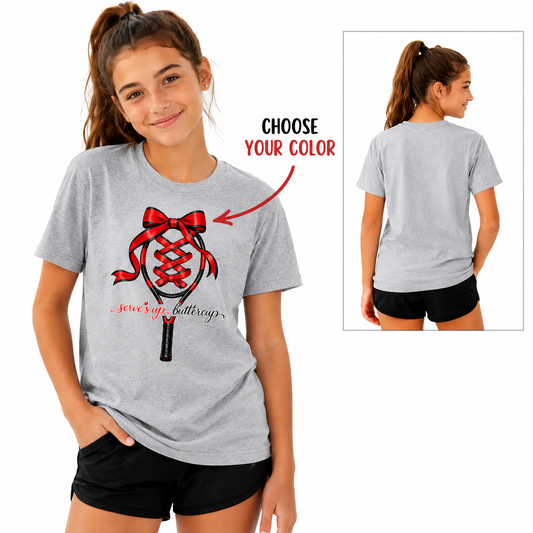 Tea Shirt Shoppe Wholesale sport grey graphic tee featuring a tennis racket with a red ribbon for youth and adults.
