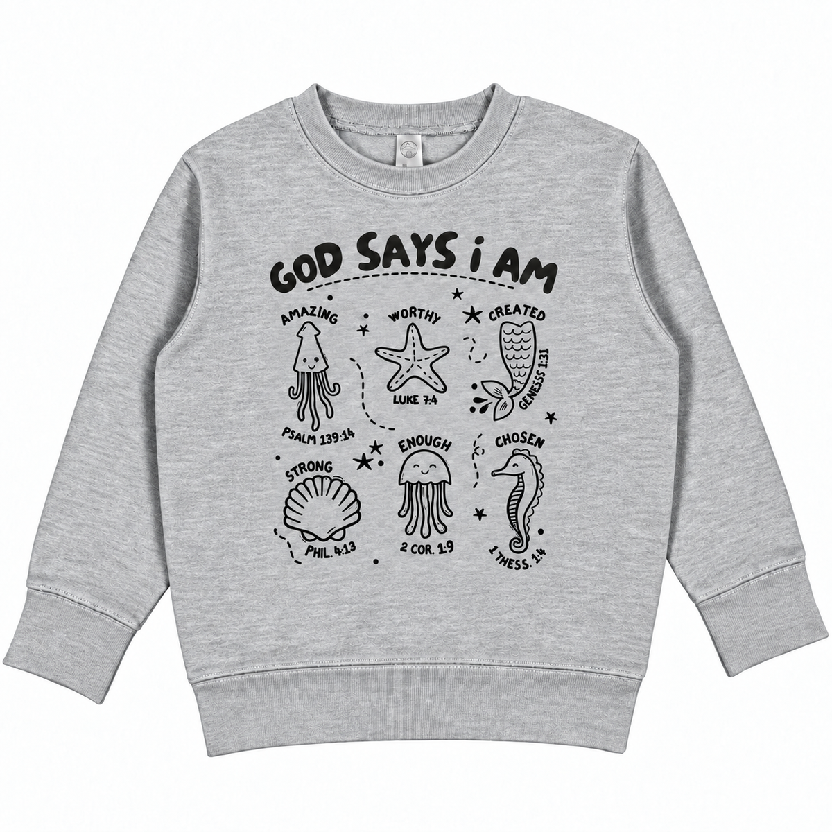 Tea Shirt Shoppe Wholesale grey toddler sweatshirt with ocean creature illustrations and faith-based scripture text.