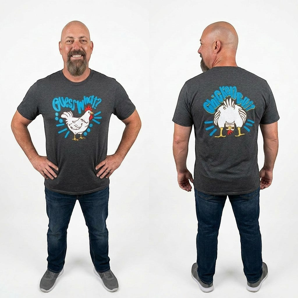 Tea Shirt Shoppe Wholesale dark grey 100% cotton graphic tee with a chicken and "Guess What?" on front and "Chicken Butt" on back.