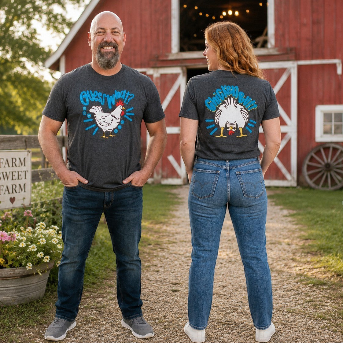 Tea Shirt Shoppe Wholesale dark grey 100% cotton graphic tee with a chicken and "Guess What?" text.