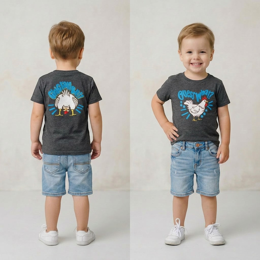 Tea Shirt Shoppe Wholesale Guess What? graphic tee, dark heather grey, 100% cotton, features a chicken design.