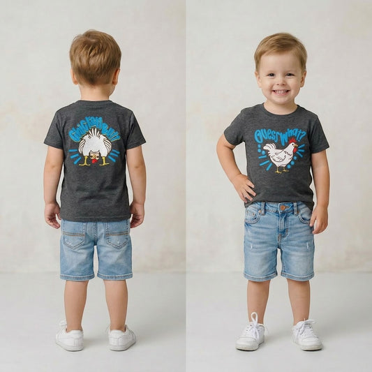 Tea Shirt Shoppe Wholesale Guess What? graphic tee, dark heather grey, 100% cotton, features a chicken design.
