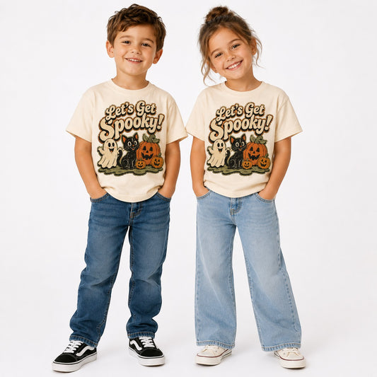 Tea Shirt Shoppe Wholesale youth and toddler cream graphic tee featuring a spooky Halloween cat, ghost, and pumpkins.