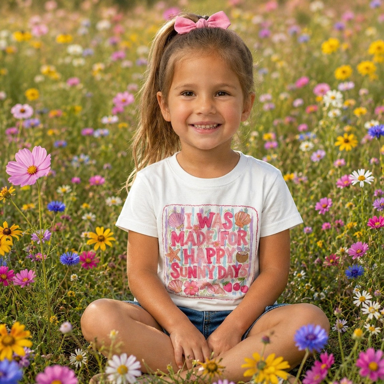 Tea Shirt Shoppe Wholesale white cotton graphic t-shirt with "I Was Made For Happy Sunny Days" text and beach graphics for youth.