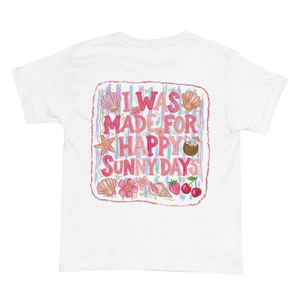 Tea Shirt Shoppe Wholesale white cotton youth t-shirt with "I Was Made For Happy Sunny Days" graphic featuring shells, flowers, cherries, and a coconut drink.