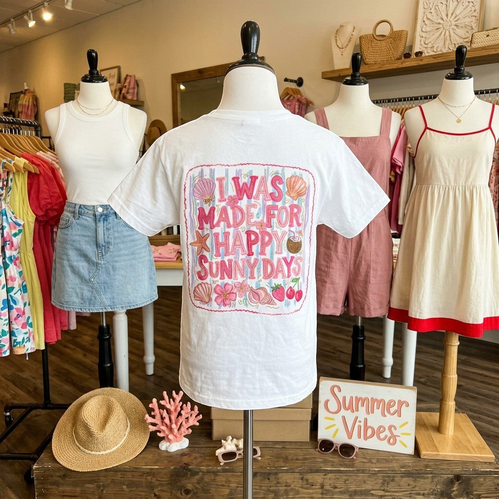 Tea Shirt Shoppe Wholesale white 100% cotton graphic tee with "I Was Made For Happy Sunny Days" DTF print featuring shells, flowers, and fruit.
