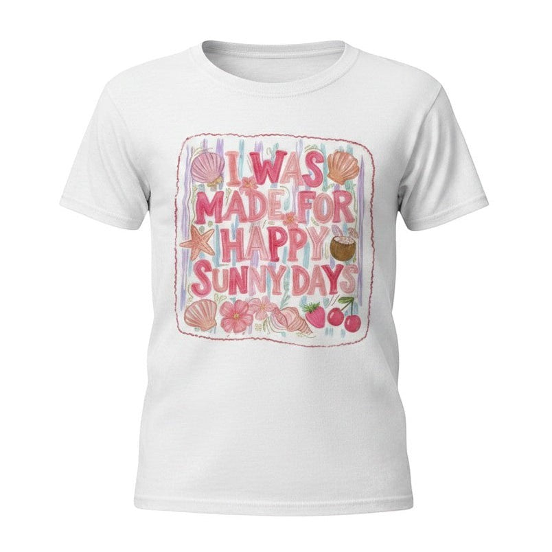 Tea Shirt Shoppe Wholesale white cotton youth t-shirt with "I Was Made For Happy Sunny Days" graphic featuring shells, starfish, flowers, and fruit.