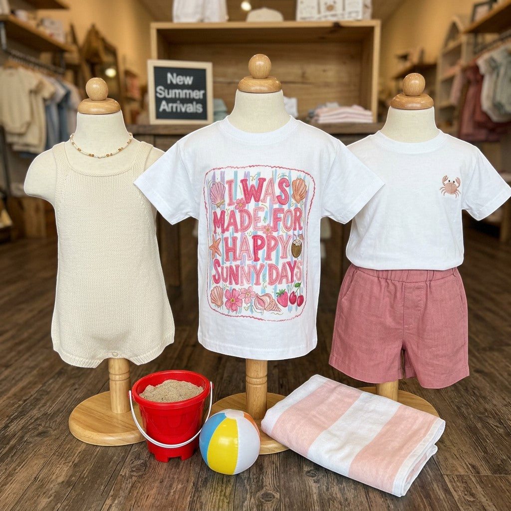 Tea Shirt Shoppe Wholesale white youth t-shirt with "I Was Made For Happy Sunny Days" graphic featuring shells, flowers, and fruit.