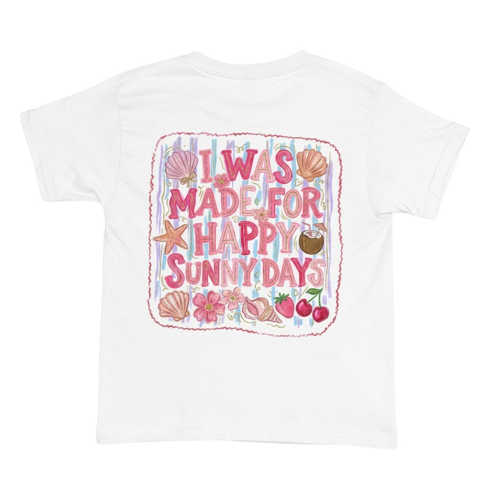 Tea Shirt Shoppe Wholesale white cotton youth t-shirt with "I Was Made For Happy Sunny Days" graphic featuring shells, flowers, cherries, and a coconut drink.