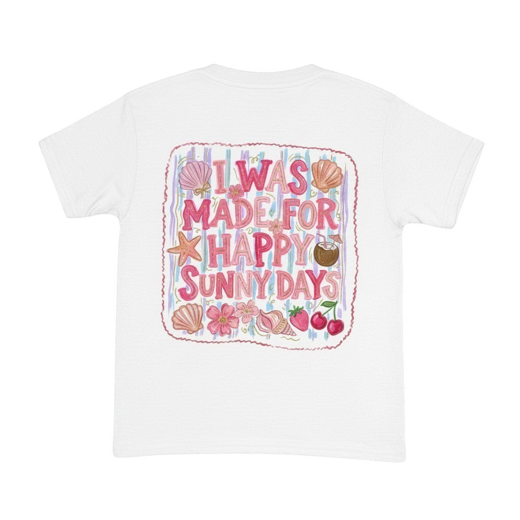 Tea Shirt Shoppe Wholesale white 100% cotton graphic tee with "I Was Made For Happy Sunny Days" DTF print, featuring seashells, flowers, cherries, and a coconut drink.