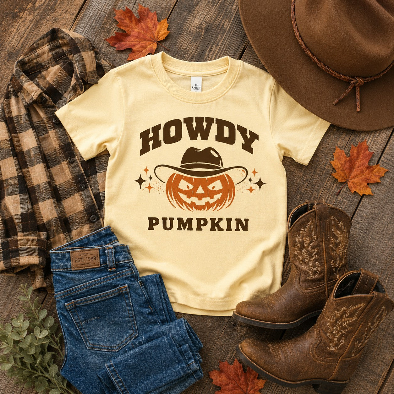 Tea Shirt Shoppe Wholesale buttery yellow Howdy Pumpkin graphic tee with a jack-o'-lantern wearing a cowboy hat