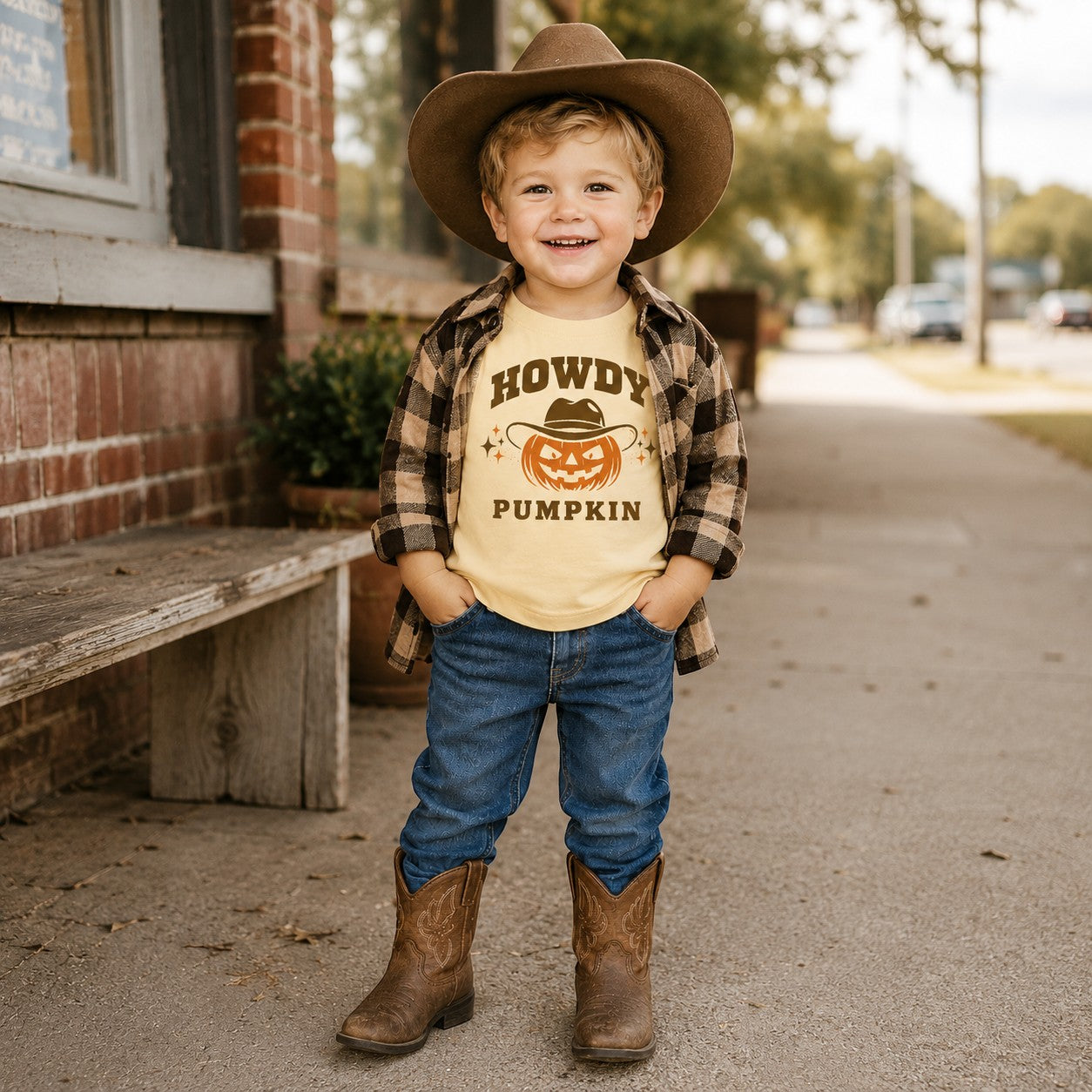 Tea Shirt Shoppe Wholesale buttery yellow Howdy Pumpkin graphic tee worn by a toddler in a cowboy hat and boots.