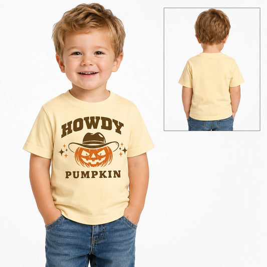 Tea Shirt Shoppe Wholesale buttery yellow toddler graphic tee featuring a jack-o'-lantern wearing a cowboy hat
