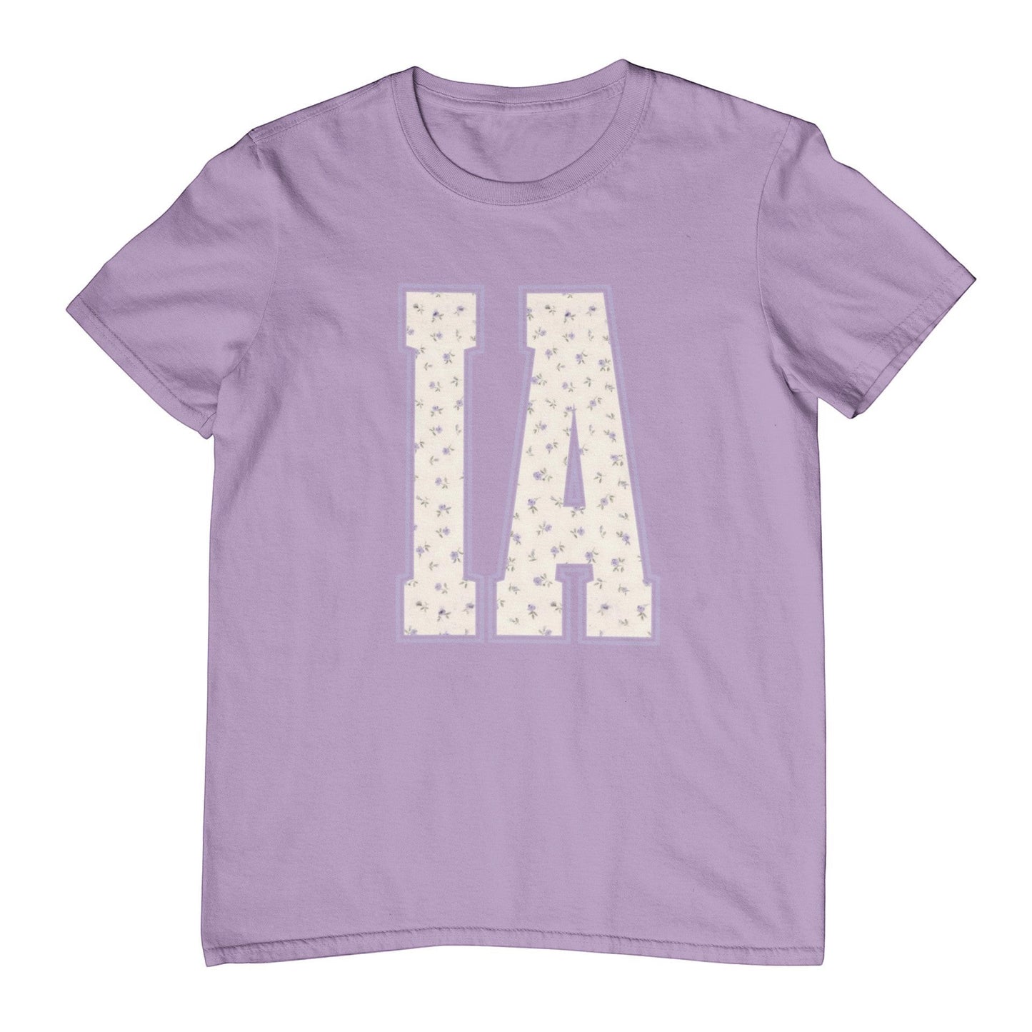 Tea Shirt Shoppe Wholesale lavender cotton t-shirt with "IA" floral graphic for youth and toddlers.