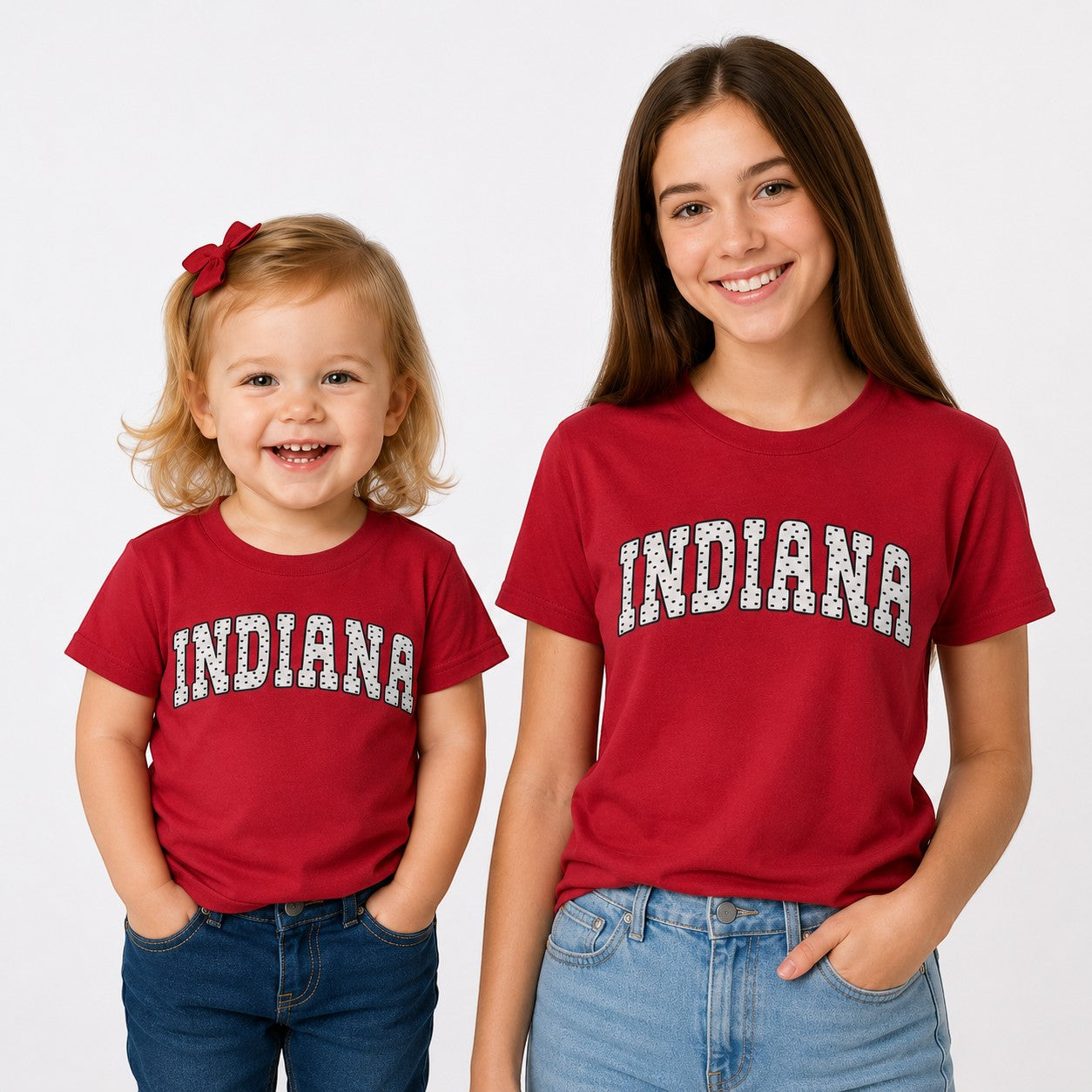 Tea Shirt Shoppe Wholesale maroon Indiana collegiate t-shirts worn by a smiling toddler and a young woman.