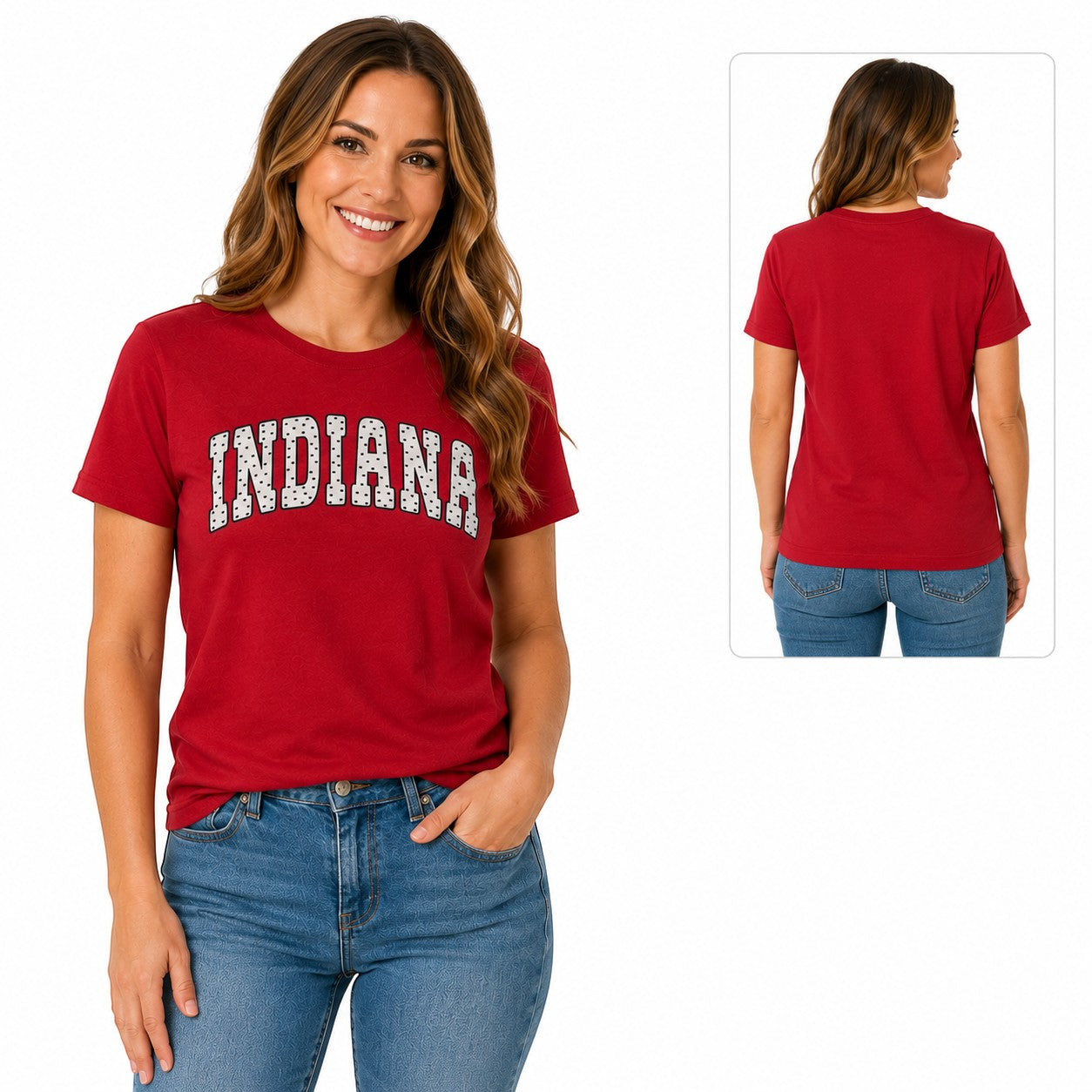 Woman wearing a red Tea Shirt Shoppe Wholesale Indiana University cotton t-shirt with collegiate dotted graphic.