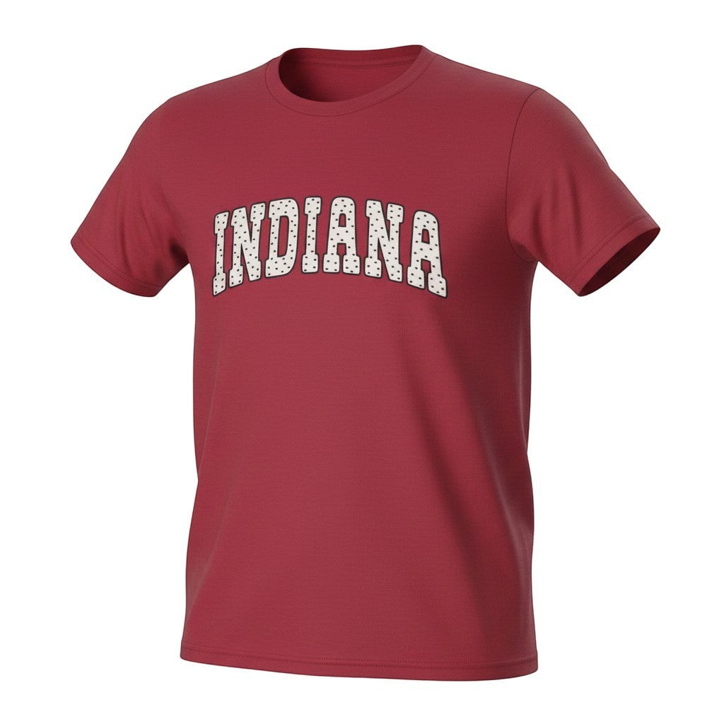 Tea Shirt Shoppe Wholesale maroon cotton blend t-shirt with distressed "INDIANA" graphic in white polka dot fill.