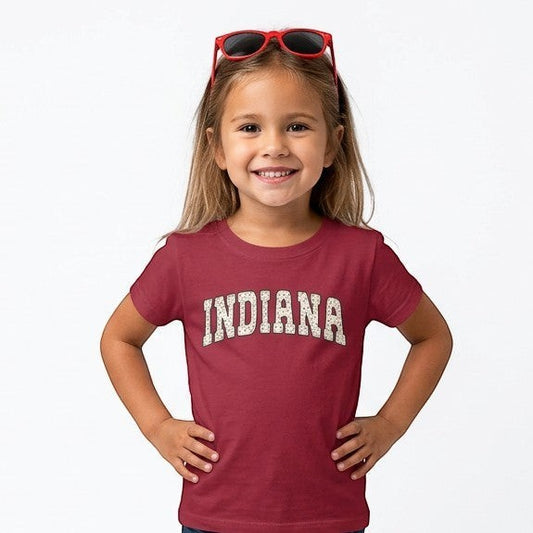 Tea Shirt Shoppe Wholesale maroon cotton blend t-shirt with distressed "INDIANA" graphic for youth.