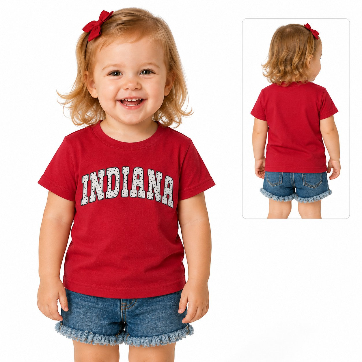 Toddler wearing a maroon Tea Shirt Shoppe Wholesale Indiana graphic tee with denim shorts and a red hair bow.