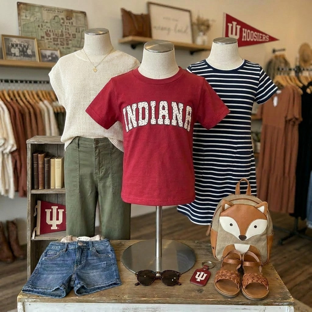 Tea Shirt Shoppe Wholesale red short sleeve cotton t-shirt with "INDIANA" graphic in white collegiate font with dotted fill.