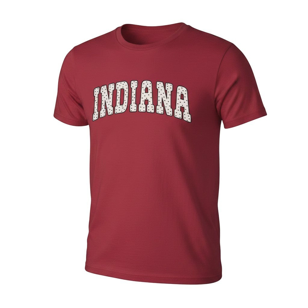 Tea Shirt Shoppe Wholesale red cotton short sleeve t-shirt with "INDIANA" graphic in collegiate style with dotted fill.