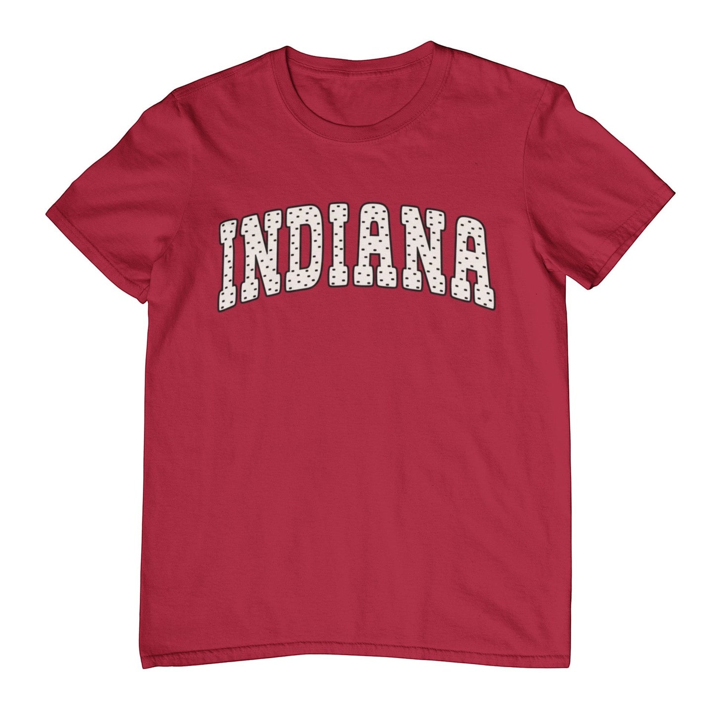 Tea Shirt Shoppe Wholesale red short sleeve cotton t-shirt with "INDIANA" graphic in collegiate-style font with dotted fill.