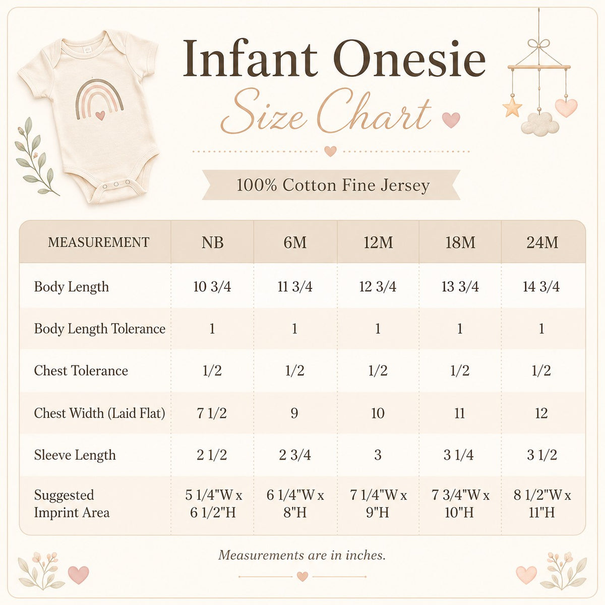 Tea Shirt Shoppe Wholesale infant onesie size chart featuring a beige cotton bodysuit with a rainbow graphic