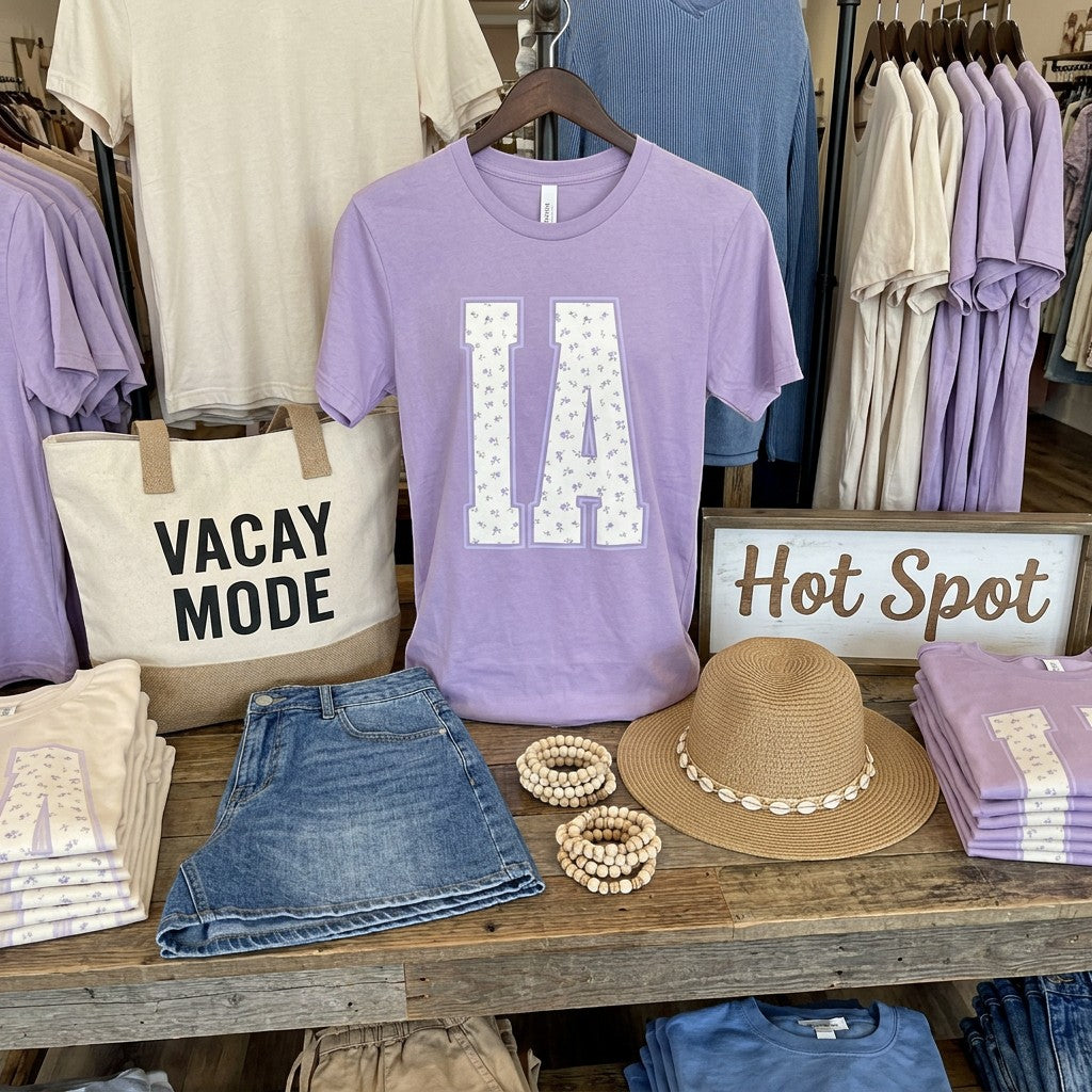 Tea Shirt Shoppe Wholesale lavender cotton graphic tee with "IA" floral print. Short sleeves, crew neck.