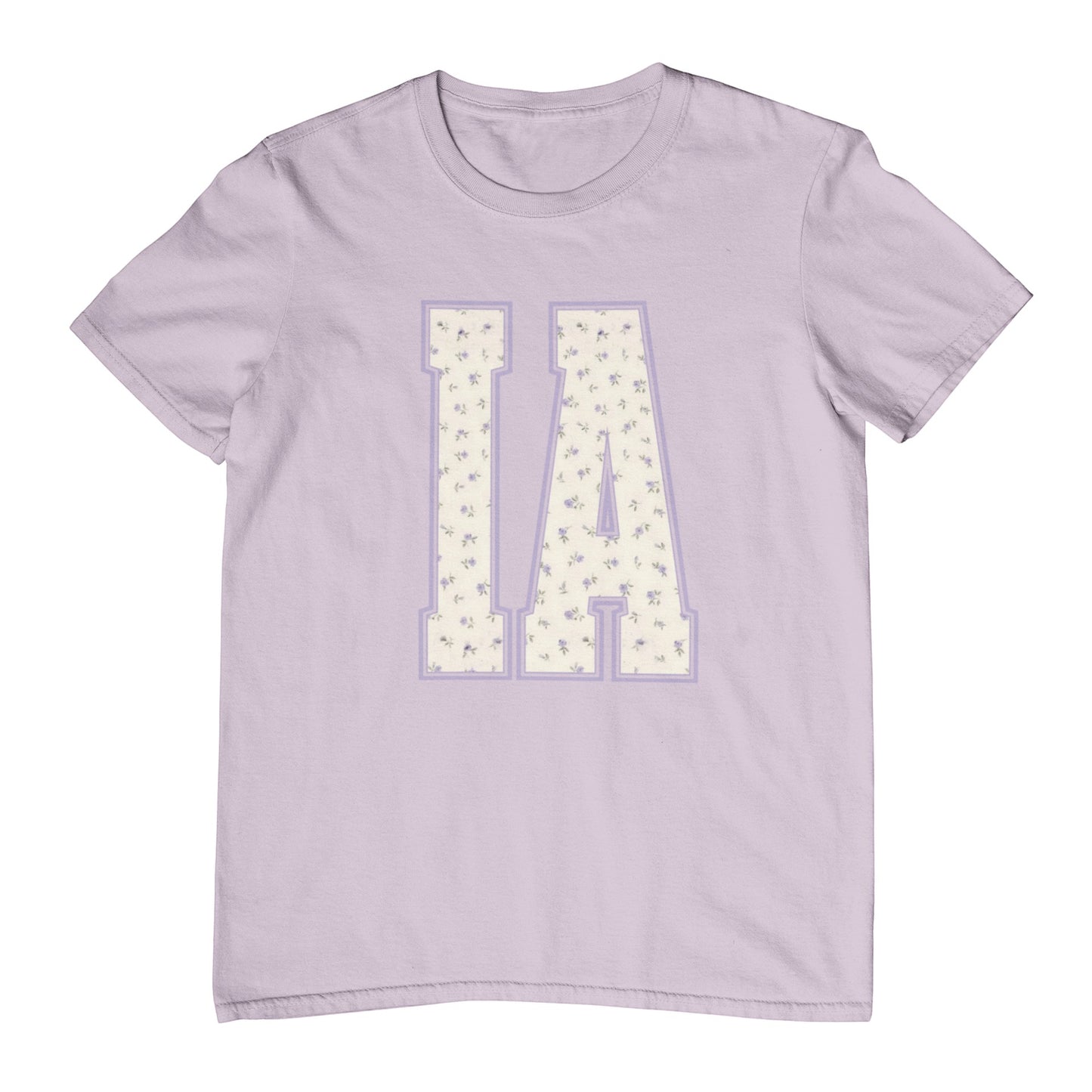 Tea Shirt Shoppe Wholesale lavender cotton graphic tee with "IA" floral print. Crew neck, short sleeves.