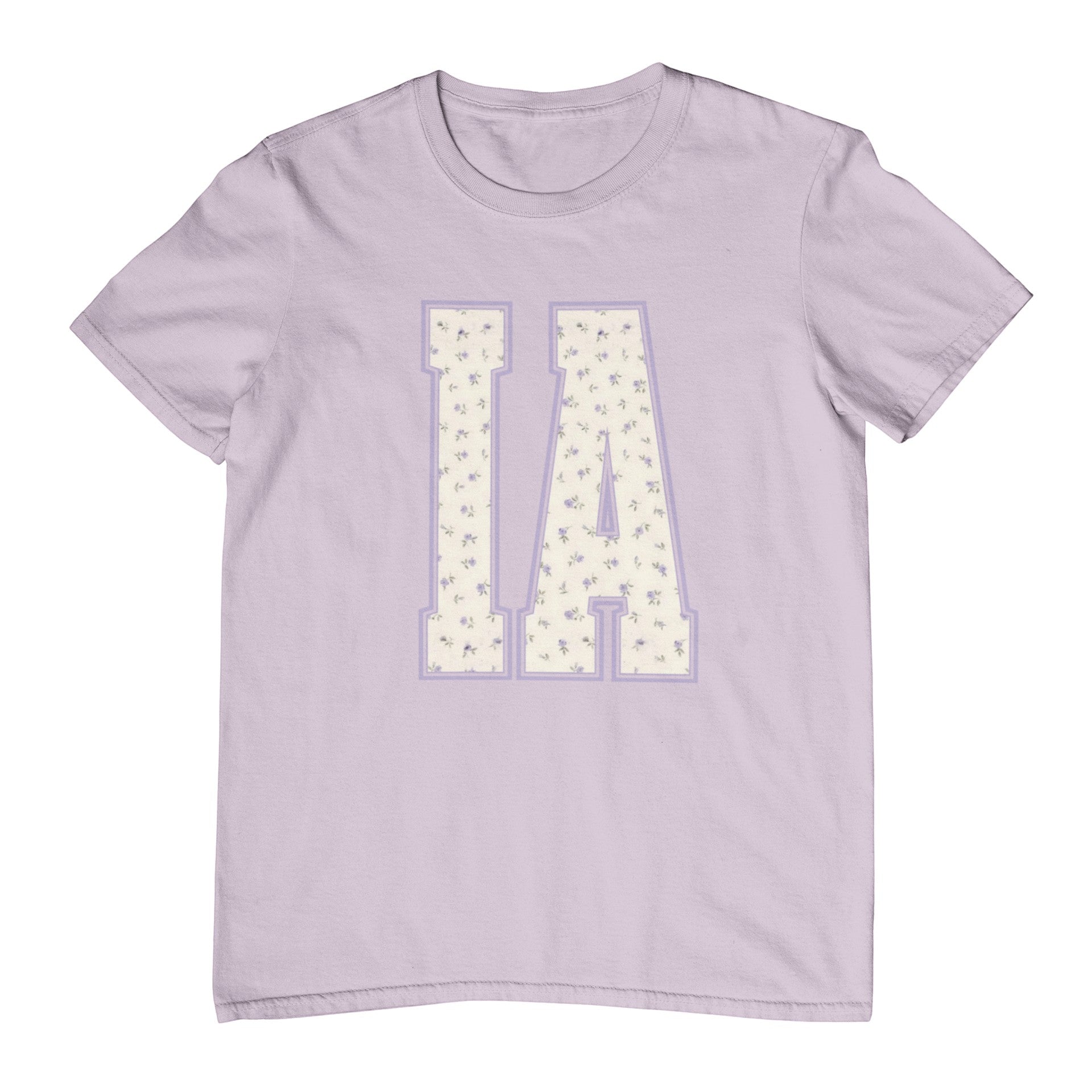 Tea Shirt Shoppe Wholesale lavender cotton graphic tee with "IA" floral print. Crew neck, short sleeves.