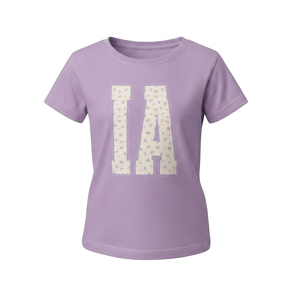 Tea Shirt Shoppe Wholesale lavender cotton graphic tee with "IA" floral print. Short sleeves, crew neck.