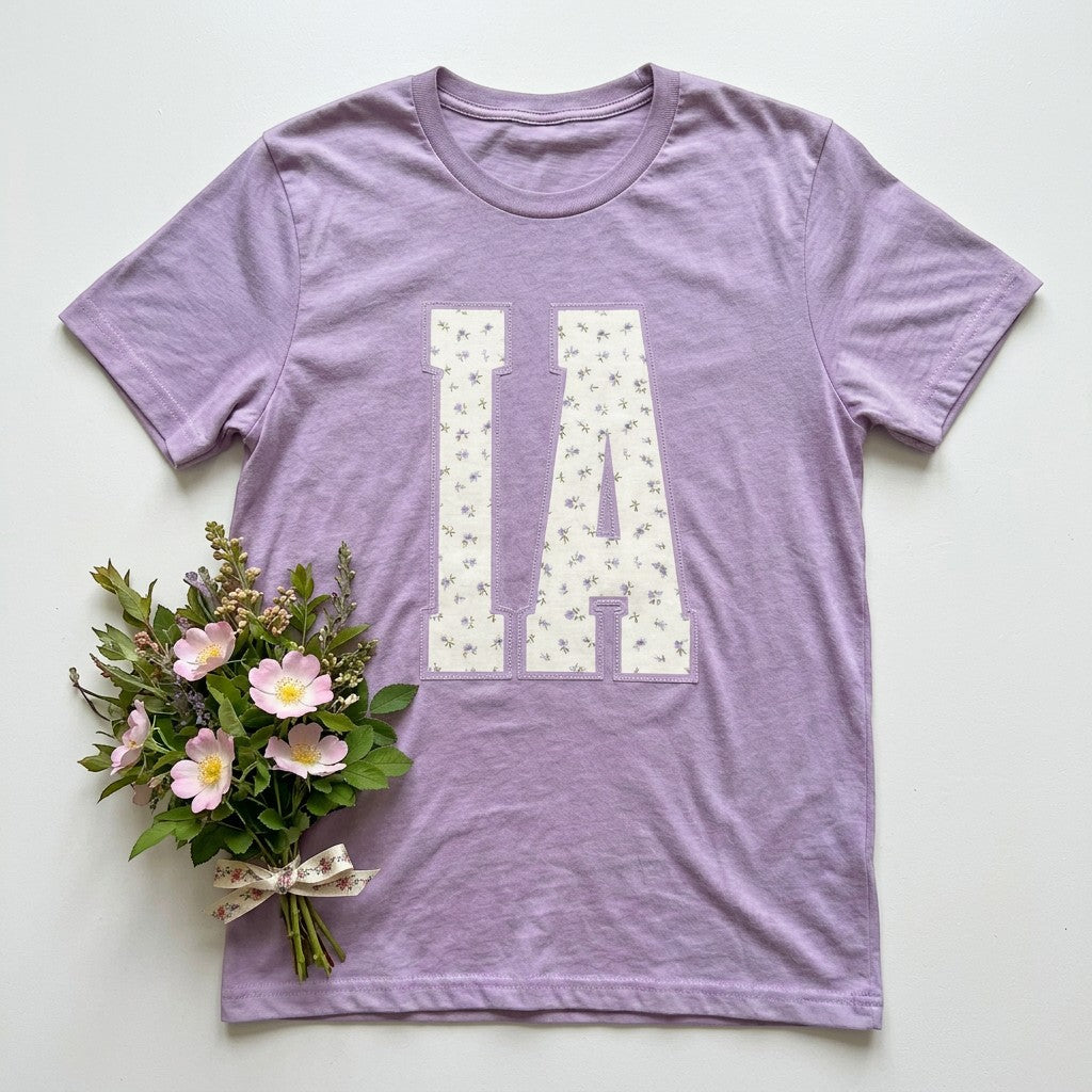 Tea Shirt Shoppe Wholesale lavender cotton graphic tee with "IA" floral print. Short sleeves, crew neck.