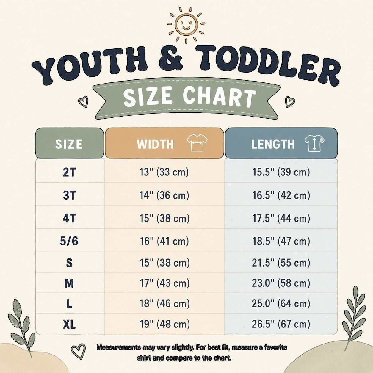 Tea Shirt Shoppe Wholesale Youth & Toddler size chart for Iowa Floral Graphic T-Shirt, showing size, width, and length measurements.