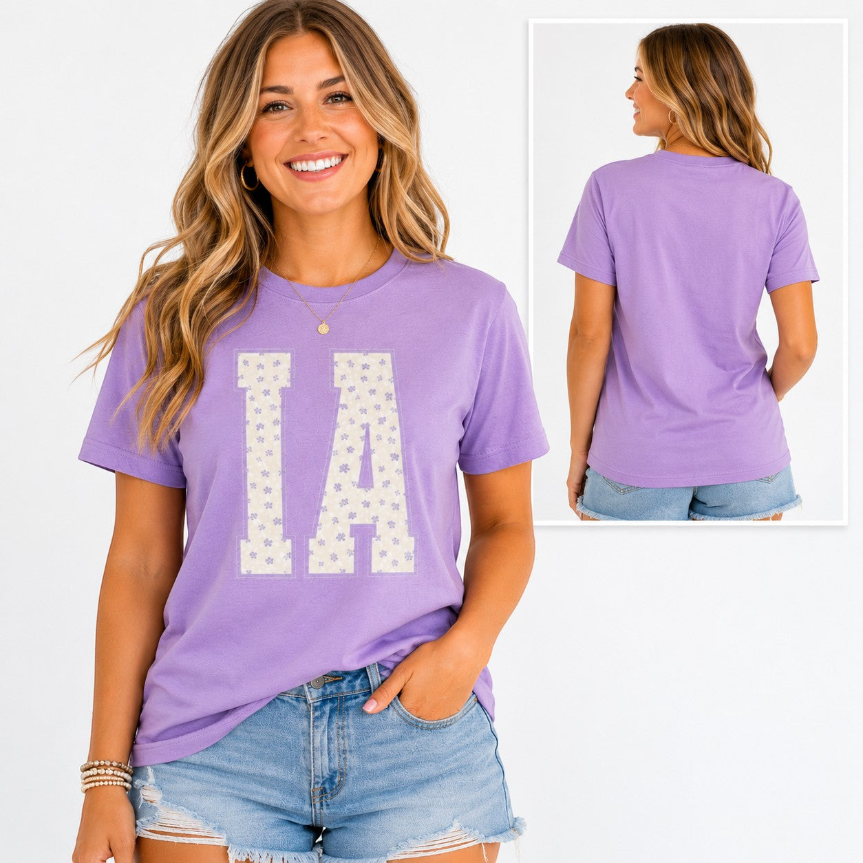 Tea Shirt Shoppe Wholesale lavender cotton graphic tee with floral IA varsity print worn by a smiling woman.