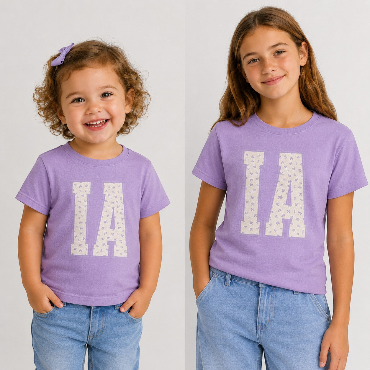 Tea Shirt Shoppe Wholesale lavender cotton t-shirt with floral IA varsity graphic worn by a toddler and a young girl.