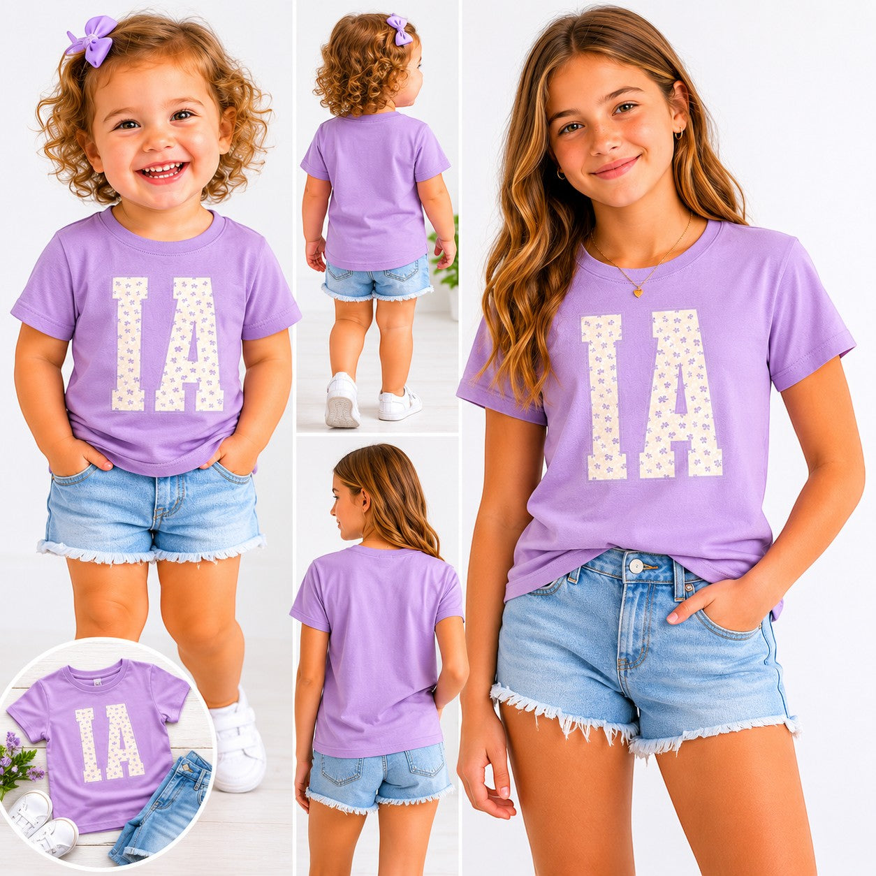 Tea Shirt Shoppe Wholesale lavender cotton t-shirt with floral IA varsity graphic for youth and toddlers.