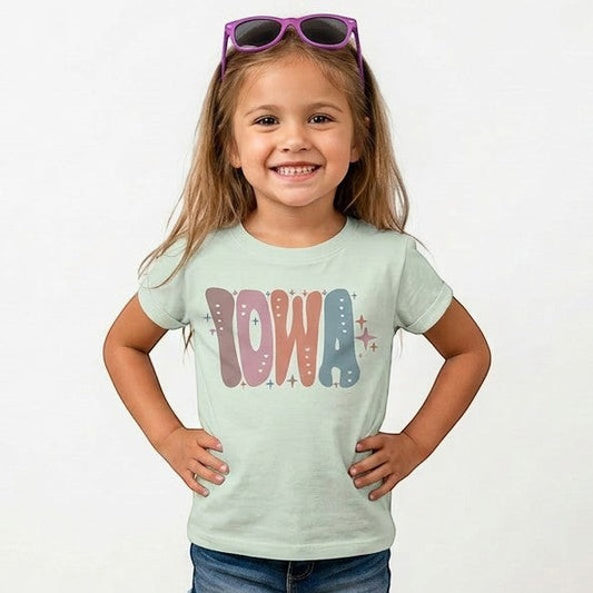 Tea Shirt Shoppe Wholesale Iowa retro graphic t-shirt for youth and toddlers, featuring muted colors and star accents.