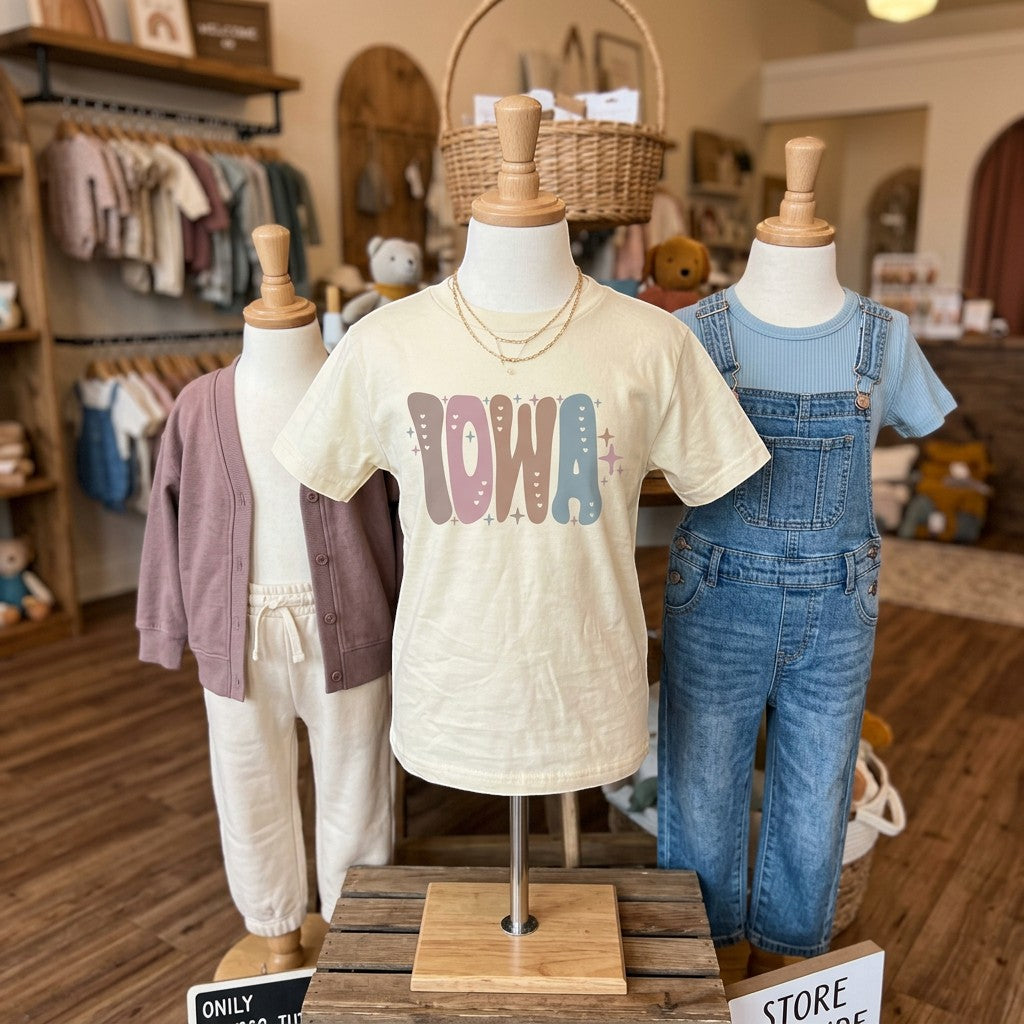 Tea Shirt Shoppe Wholesale cream graphic t-shirt with "Iowa" in retro font, muted pink, blue, and brown colors, heart accents.