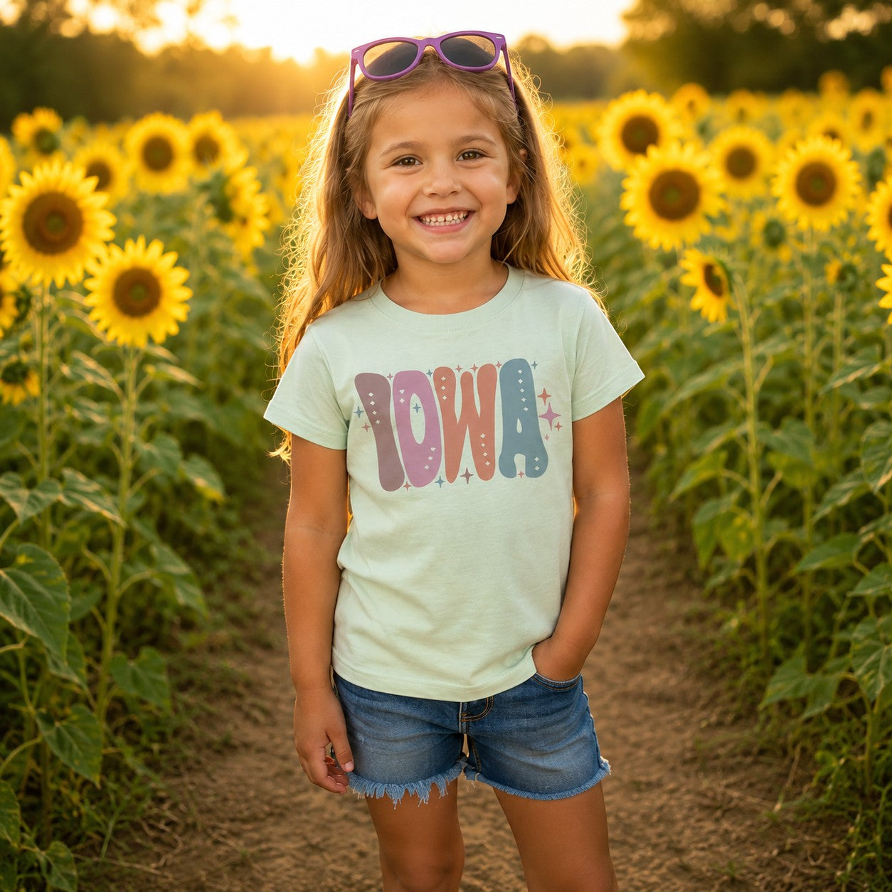 Tea Shirt Shoppe Wholesale youth t-shirt with retro Iowa graphic in a sunflower field, worn by a smiling girl.