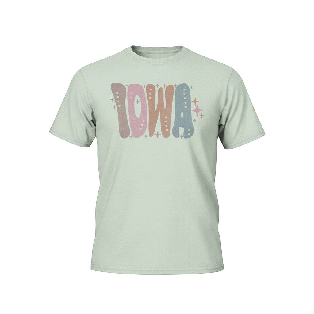 Tea Shirt Shoppe Wholesale Iowa retro graphic t-shirt with muted pink, blue, and brown lettering and heart details.