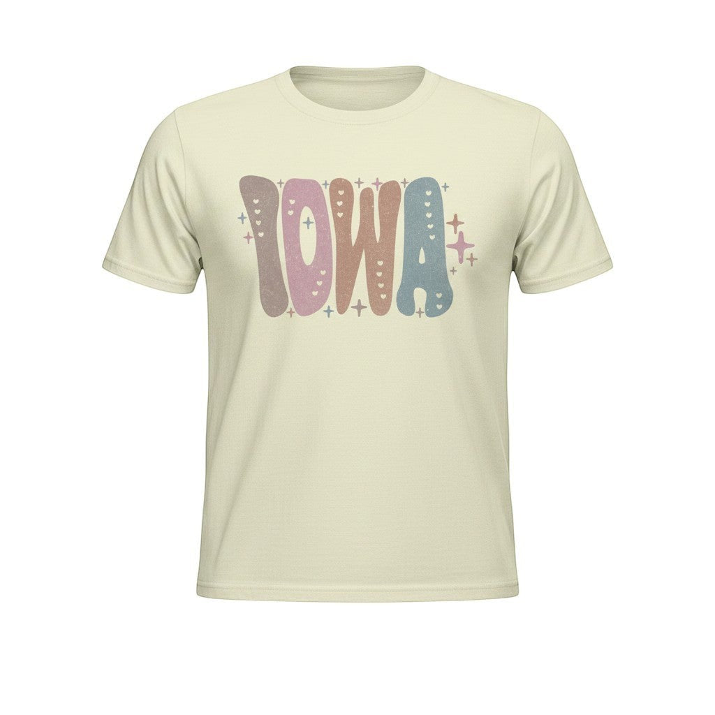 Tea Shirt Shoppe Wholesale Iowa retro graphic t-shirt in cream with pastel pink, blue, and brown lettering and heart details.