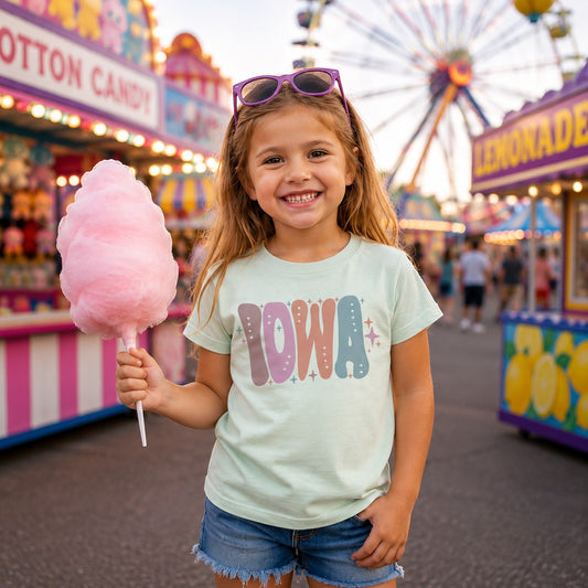 Tea Shirt Shoppe Wholesale youth retro Iowa graphic tee in mint green with muted pink and blue lettering at a fair.